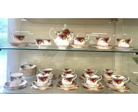 Royal Albert Old Country Rose tea set, 12 place setting lot includes 12 cups and saucers, 11 cake plates, Jug and bowl, teapo