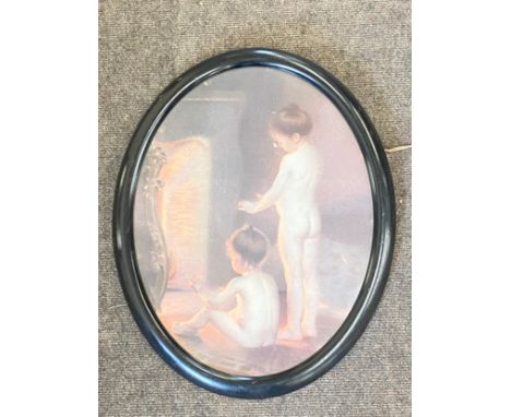 Framed vintage victorian print. "Children by fire" H:19 inches W:16 inches 