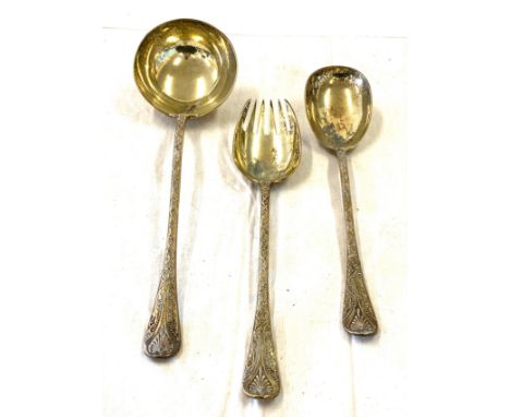 Hallmarked London Silver gilt ladle and salad servers, makers mark GA, total approximate weight 595g 
