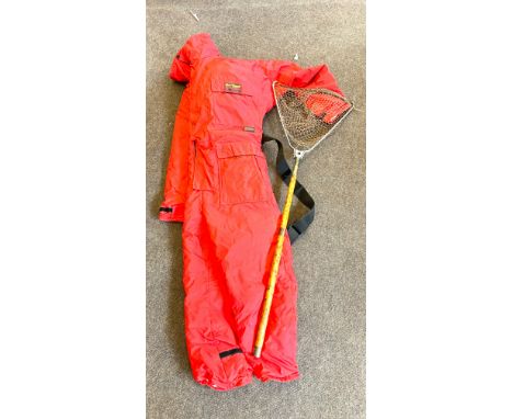 Hurricane floatation suit, vintage bamboo handle fishing net, shooting stick 