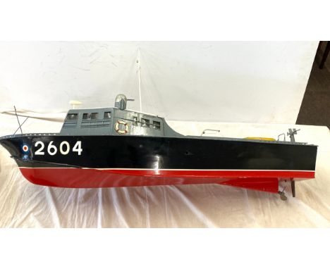 Large wooden 2604 frigate boat, carcass only, in need of engine etc, approximate length 46 inches, overall height 22 inches 