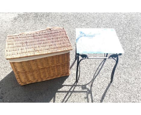 Metal and Glass lamp table with large wicker basket, in good condition overall 