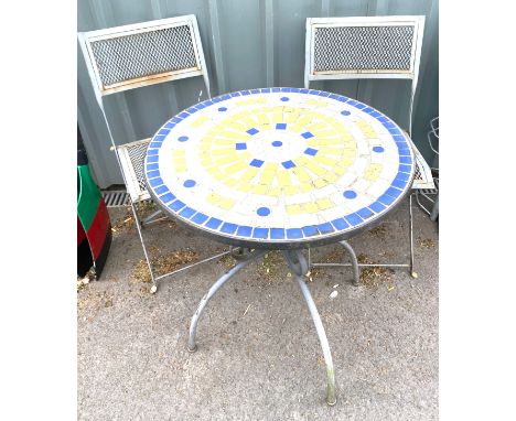 Metal and tile top circular bistro table and 2 chairs 