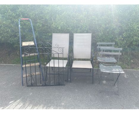 Selection of garden chairs, metal step ladders and a garden gate 