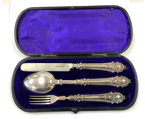 Cased Silver hallmarked christening knife, fork and spoon set 