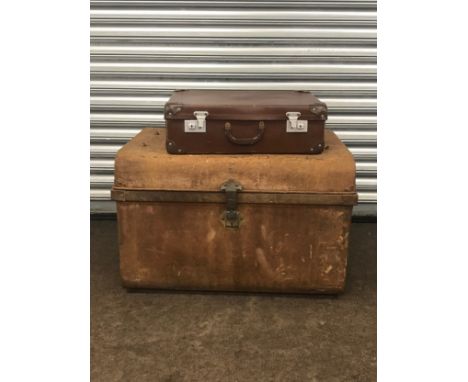 Vintage suitcase and metal travel trunk measure 19tall 29length 21 deep 