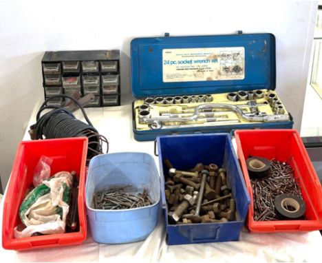 Selection of tools to include socket wrench set, multi drawers, screws etc 