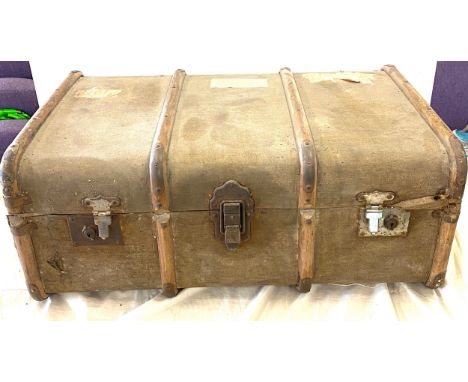 Small vintage travel trunk "a victor" measures approx 30" wide 12" tall 19" depth 