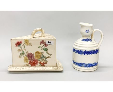A large 19th century wedge shaped ceramic cheese dish, L. 28cm H. 25cm together with an interesting transfer patterned cider 