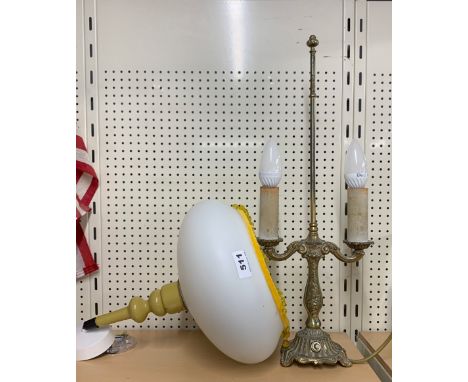 A 1970's glass ceiling shade, Dia. 27cm, with a gilt metal candle lamp.