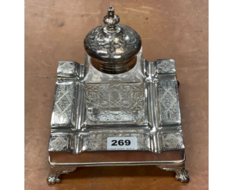 A silver plate and cut glass desk stand, 18 x 18 x 22cm.