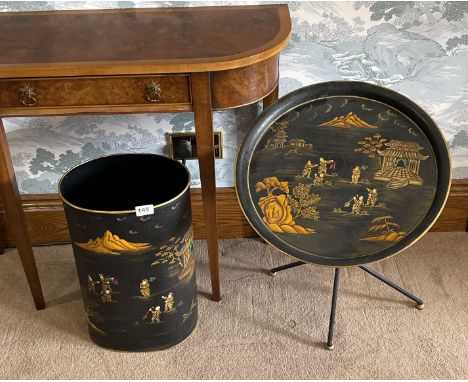 A Toleware fire screen / tea table Dia. 48cm, together with a large waste bin, H. 57cm.