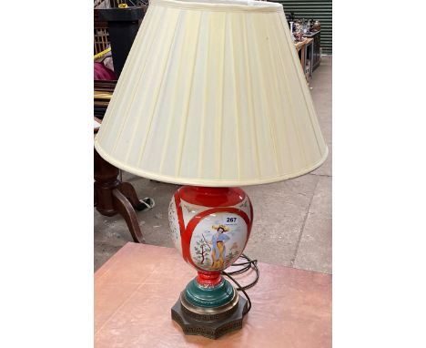 A French Oriental style porcelain table lamp and shade, H. 77cm.