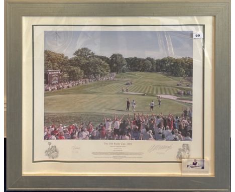 A framed 2004 Ryder Cup limited edition 124/500 lithograph by Peter Cornwell signed by the artist and Colin Montgomery under 