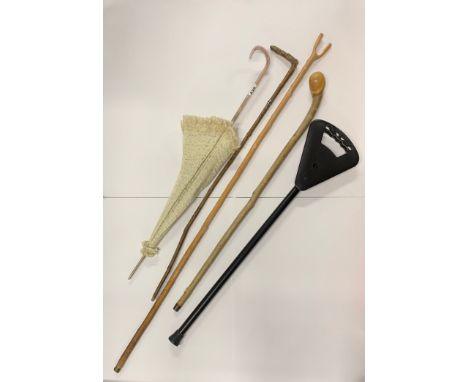 A vintage parasol, three natural walking sticks and a shooting stick.