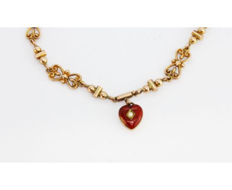 An antique 9ct gold bracelet with an enamel heart charm set with a seed pearl, L. 21cm. Weight approx 7 g