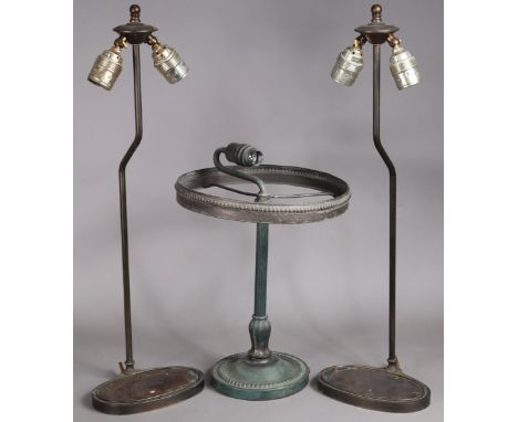 Three vintage metal table lamp bases: a pair with adjustable twin-light fittings, 61cm high &amp; a single lamp with circular