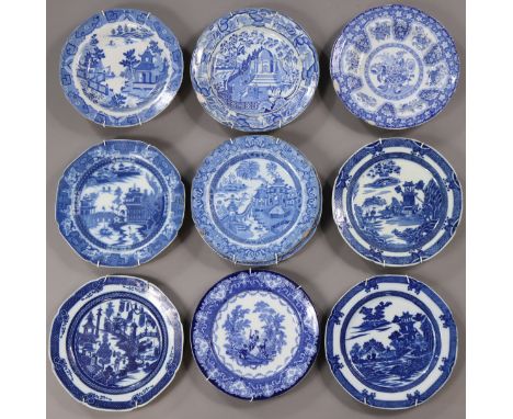 Ten various late 18th/early 19th century English blue &amp; white Willow &amp; other pattern transfer-printed china plates, b