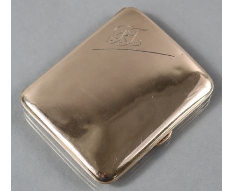 A 9ct. gold pocket cigarette case with rounded corners &amp; slightly curved profile, push-button release, engraved initials 