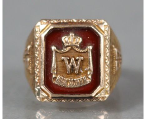 A 10K American High School graduation ring by Dodge &amp; Ascher of Chicago, dated 1929 to the shoulders, the central rectang