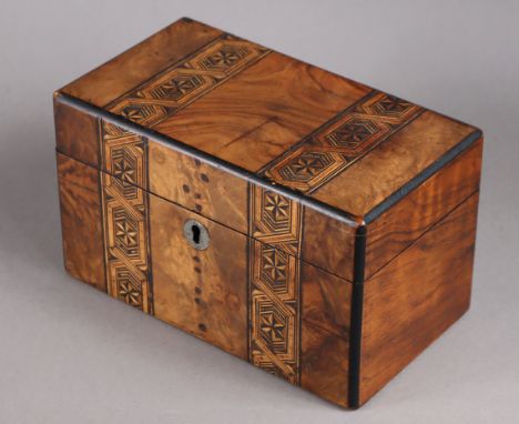 A Victorian inlaid walnut rectangular two-division tea caddy, 20cm wide x 11.5cm high x 11.2cm deep.