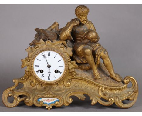 A late 19th century French gilt figural mantel clock, the 3” white enamel dial with roman numerals &amp; 8-day movement, surm