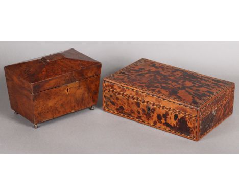 A 19th century tortoiseshell veneered rectangular needlework box with hinged lid enclosing numerous compartments, 27.5cm wide