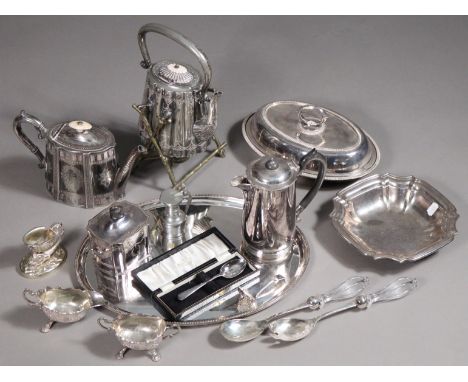 An old Sheffield plated oval salver; an electro-plated spirit kettle; oval entrée dish; tea caddy; pair of salad servers with