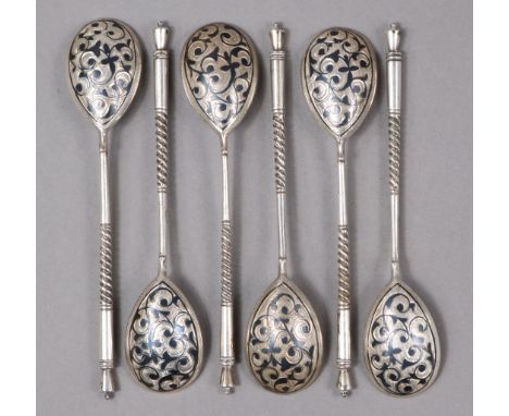 A set of six Russian .84 standard coffee spoons, the pear-shaped bowls with engraved &amp; black champleve enamel scroll deco