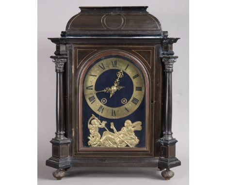 A late Victorian ebonised bracket clock, the 6½” engraved brass chapter ring with roman numerals &amp; subsidiary seconds, an