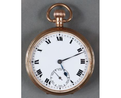 A 9ct. gold open-face pocket watch with white enamel dial, black roman numerals, &amp; subsidiary seconds, Trenton 7 jewel mo