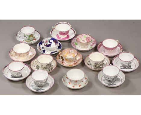 A collection of fourteen various 19th century English porcelain cups &amp; saucers, mostly pink-lustre, with transfer-printed