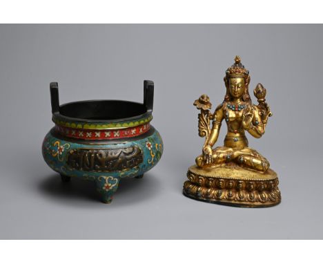 A CHINESE BRONZE CLOISONNE ENAMEL TRIPOD CENSER AND TIBETAN GILT BRONZE FIGURE. The censer decorated with lotus scrolls and A