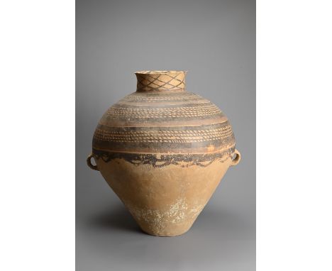 A LARGE CHINESE NEOLITHIC PERIOD TWO-HANDLED OVIFORM JAR, 2650-2300 BC, probably Majiayao culture, Banshan phase, with tall n