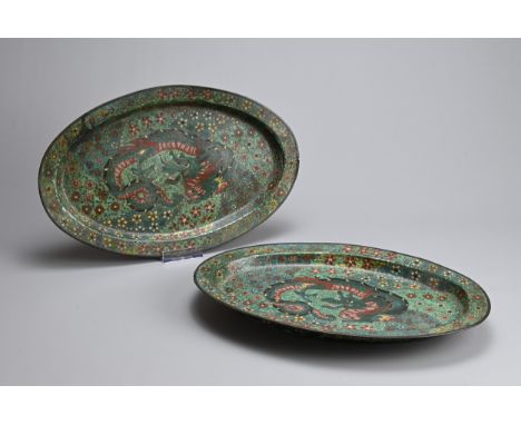 A PAIR OF JAPANESE CLOISONNE ENAMEL OVAL DISHES, 20TH CENTURY. Decorated with dragons and flower heads. 38cm length. (2) Some