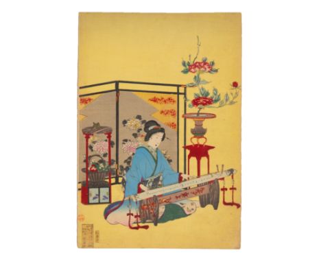 NOBUKAZU  (1872-1944)Woodcut in colours, Meiji Period, from a triptych titled Beautiful Ladies Playing Music in the Kyoto Sty