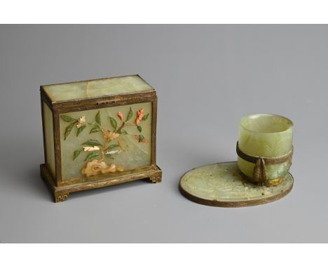 A CHINESE INLAID JADE BOX AND DESK ORNAMENT, 20TH CENTURY. Inlaid with various stones to include coral and agate, mounted in 
