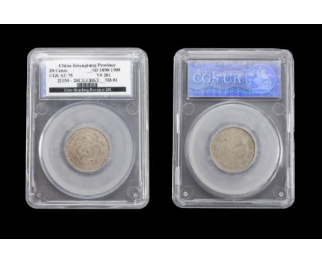 A CHINESE SILVER COIN, KWANGTONG PROVINCE, GUANGXU PERIOD (1890-1908), QING DYNASTY. 1 Mace and 4.4 Candareens. 20 Cents. CGS