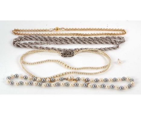 A mixed lot of jewellery: to include a long rope twist chain with clasp stamped 'STERLING', 86cm long, 67g; together with a M