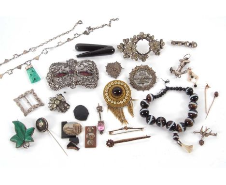 A mixed lot of jewellery: to include silver, buckles, brooches, banded agate, marcasite, garnets, micro mosaic, etc. (qty)