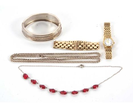 A mixed lot jewellery: to include an Archeological revival style silver bangle, 28.6g; a silver chain, 30.8g; a ladies gilt m