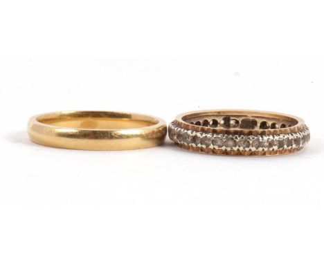 Two rings: to include an 18ct wedding band stamped 750 with London assay mark, size M, 3.2g; together with a 9ct white stone 