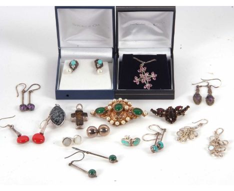 A mixed lot of gemset jewellery: to include earrings, pendants and brooches set with amethyst, moonstones, malachite, turquoi