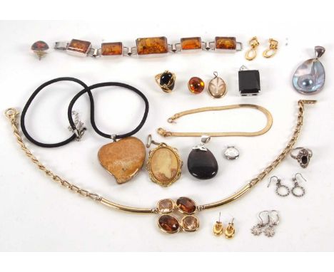 A mixed lot of jewellery: to include an amber and silver bracelet; a pair of amber earrings; a pearl and mother-of-pearl and 