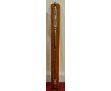 A late Victorian lacquered brass Fortin type stick barometer by L. Casartelli of Liverpool, No. 902, mounted on wooden plinth