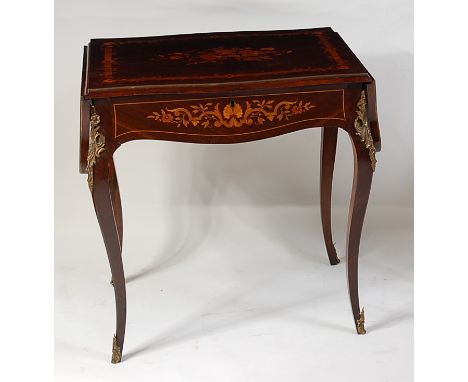 A circa 1900 Continental rosewood and marquetry inlaid sofa table, the four quarter veneered top with centre leaf and flower 