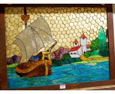 A contemporary oak framed lead light depicting coastal scene, 51x67cm (including frame)