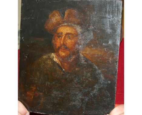 19th century Continental school - Head and shoulders portrait of a man, oil on panel, 28 x 24cm (with loss lower right)