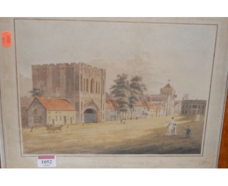 View of Angel Hill, Bury St Edmunds - heightened print; together with Ernest Borough Johnson - figure scene, pencil sketch, s