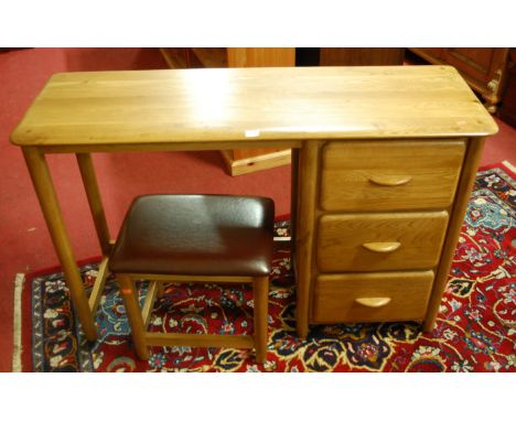 A contemporary light oak round cornered kneehole dressing table, having three drawers, w.120cm; together with matching leathe